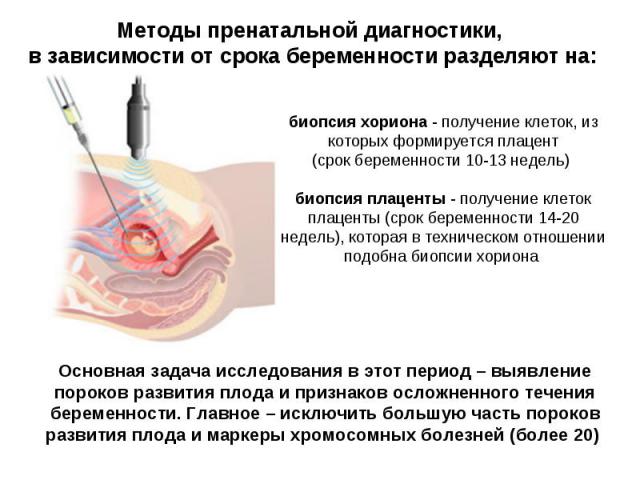 Методы пренатальной диагностики, в зависимости от срока беременности разделяют на: биопсия хориона - получение клеток, из которых формируется плацент (срок беременности 10-13 недель) биопсия плаценты - получение клеток плаценты (срок беременности 14…