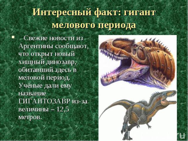 Интересный факт: гигант мелового периода Свежие новости из Аргентины сообщают, что открыт новый хищный динозавр, обитавший здесь в меловой период. Учёные дали ему название ГИГАНТОЗАВР из-за величины – 12,5 метров.