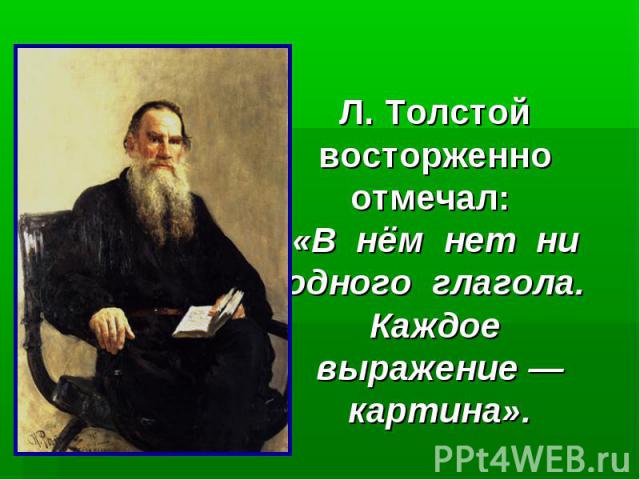 Л. Толстой восторженно отмечал: «В нём нет ни одного глагола. Каждое выражение — картина».