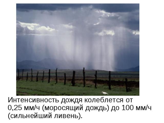 Интенсивность дождя колеблется от 0,25 мм/ч (моросящий дождь) до 100 мм/ч (сильнейший ливень).