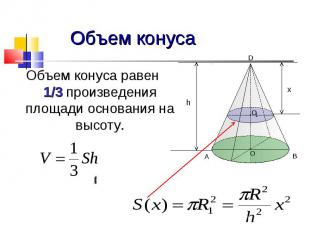 Объем конуса Объем конуса равен 1/3 произведения площади основания на высоту.