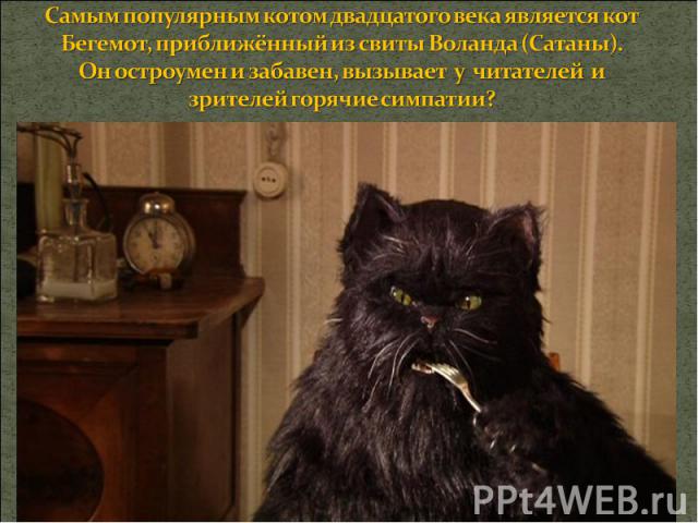 Самым популярным котом двадцатого века является кот Бегемот, приближённый из свиты Воланда (Сатаны). Он остроумен и забавен, вызывает у читателей и зрителей горячие симпатии?