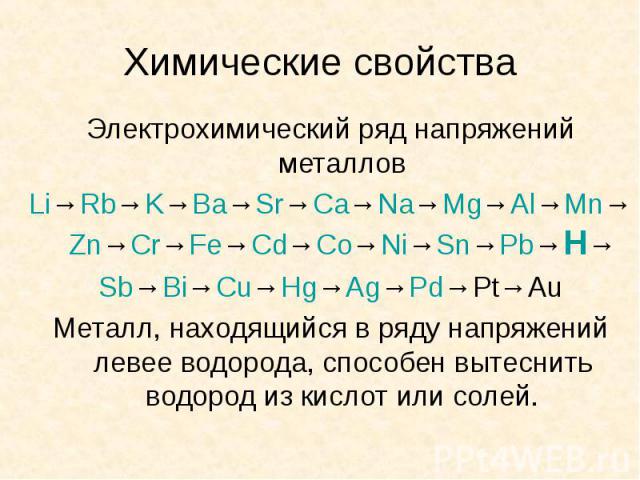 Химические свойства Электрохимический ряд напряжений металлов Li→Rb→K→Ba→Sr→Ca→Na→Mg→Al→Mn→Zn→Cr→Fe→Cd→Co→Ni→Sn→Pb→H→ Sb→Bi→Cu→Hg→Ag→Pd→Pt→Au Металл, находящийся в ряду напряжений левее водорода, способен вытеснить водород из кислот или солей.