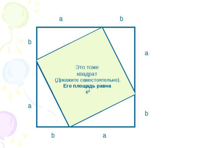 Это тоже квадрат (Докажите самостоятельно). Его площадь равна c2