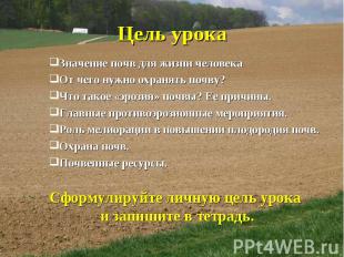 Цель урока Значение почв для жизни человека От чего нужно охранять почву? Что та