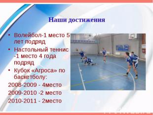 Наши достижения Волейбол-1 место 5 лет подряд Настольный теннис -1 место 4 года