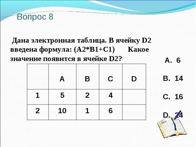 Вопрос 8 Дана электронная таблица. В ячейку D2 введена формула: (A2*B1+C1) Какое значение появится в ячейке D2? A. 6 B. 14 C. 16 D. 24