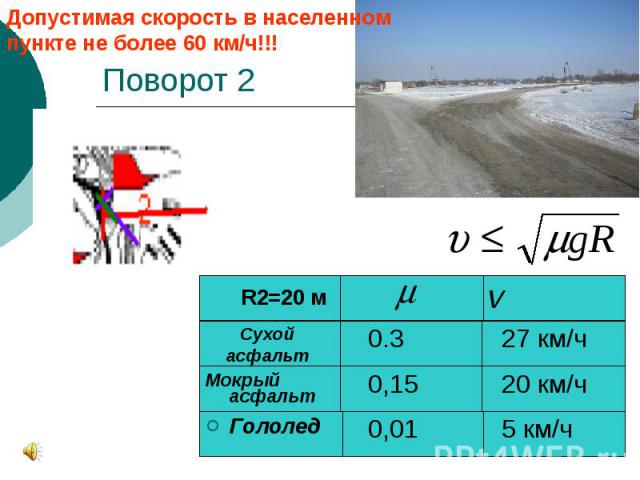 Допустимая скорость в населенном пункте не более 60 км/ч!!! Поворот 2