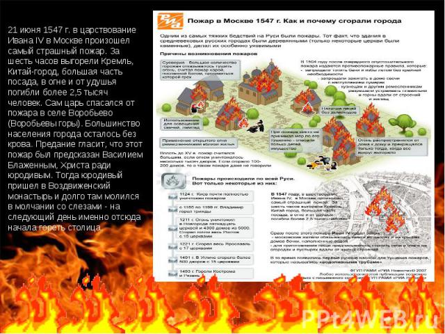 21 июня 1547 г. в царствование Ивана IV в Москве произошел самый страшный пожар. За шесть часов выгорели Кремль, Китай-город, большая часть посада, в огне и от удушья погибли более 2,5 тысяч человек. Сам царь спасался от пожара в селе Воробьево (Вор…