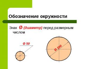 Обозначение окружности Знак Ø (диаметр) перед размерным числом