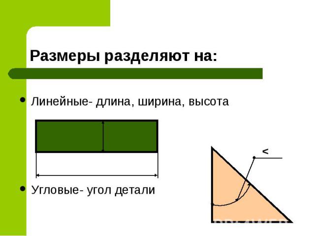Размеры разделяют на: Линейные- длина, ширина, высота Угловые- угол детали