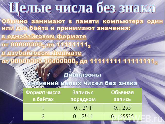 Целые числа без знака Обычно занимают в памяти компьютера один или два байта и принимают значения: в однобайтовом формате от 000000002 до 111111112 в двубайтовом формате от 00000000 000000002 до 11111111 111111112 Диапазоны значений целых чисел без знака
