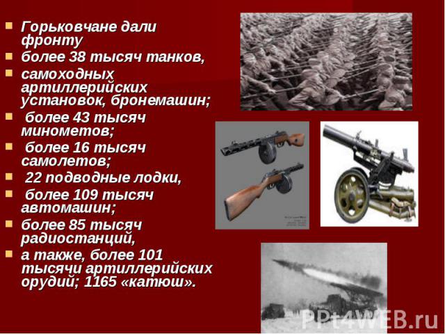 Горьковчане дали фронту более 38 тысяч танков, самоходных артиллерийских установок, бронемашин; более 43 тысяч минометов; более 16 тысяч самолетов; 22 подводные лодки, более 109 тысяч автомашин; более 85 тысяч радиостанций, а также, более 101 тысячи…