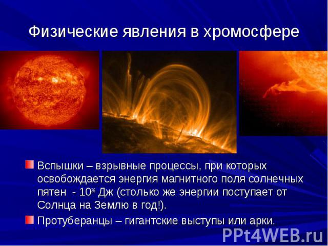Физические явления в хромосфере Вспышки – взрывные процессы, при которых освобождается энергия магнитного поля солнечных пятен - 1026 Дж (столько же энергии поступает от Солнца на Землю в год!). Протуберанцы – гигантские выступы или арки.