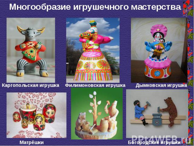 Многообразие игрушечного мастерства Каргопольская игрушка Филимоновская игрушка Дымковская игрушка Матрёшки Богородские игрушки
