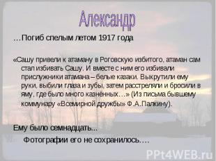 Александр …Погиб спелым летом 1917 года «Сашу привели к атаману в Роговскую изби