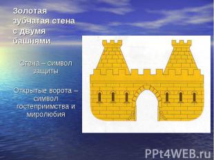 Золотая зубчатая стена с двумя башнями Стена – символ защиты Открытые ворота – с