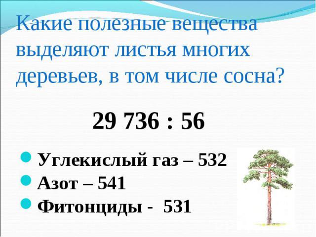 Какие полезные вещества выделяют листья многих деревьев, в том числе сосна? 29 736 : 56 Углекислый газ – 532 Азот – 541 Фитонциды - 531