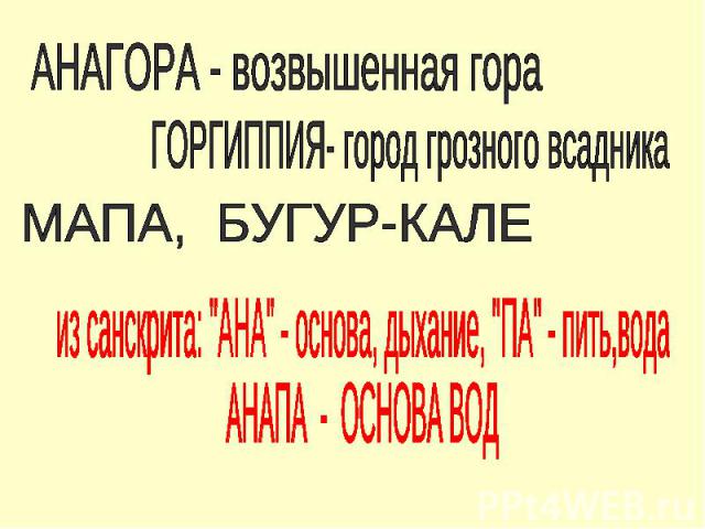 АНАГОРА - возвышенная гора ГОРГИППИЯ- город грозного всадника МАПА, БУГУР-КАЛЕ из санскрита: 