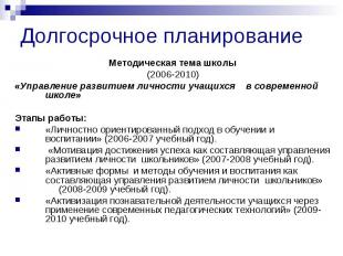 Долгосрочное планирование Методическая тема школы (2006-2010) «Управление развит