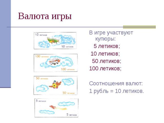 Валюта игры В игре участвуют купюры: 5 летиков; 10 летиков; 50 летиков; 100 летиков; Соотношения валют: 1 рубль = 10 летиков.