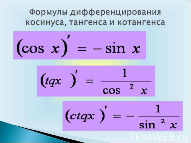 Формулы дифференцирования косинуса, тангенса и котангенса