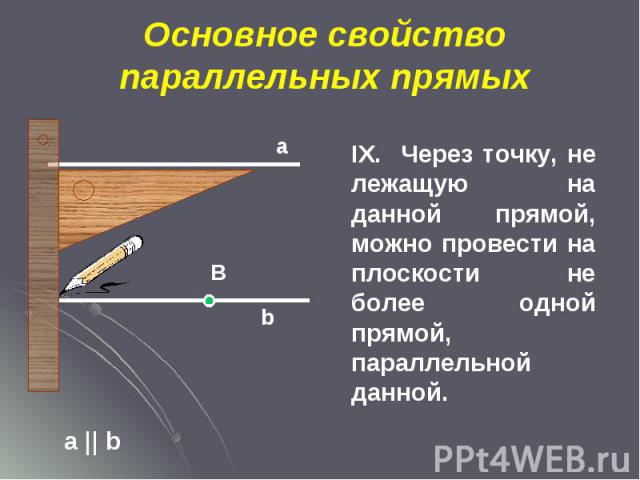 Основное свойство параллельных прямых IX. Через точку, не лежащую на данной прямой, можно провести на плоскости не более одной прямой, параллельной данной.
