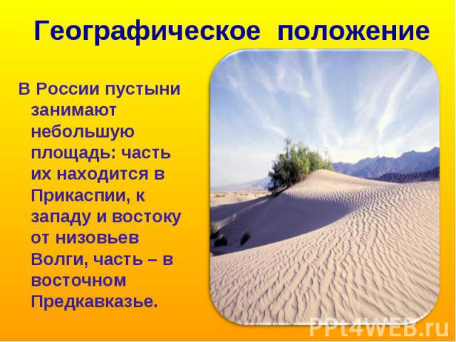 Географическое положение В России пустыни занимают небольшую площадь: часть их находится в Прикаспии, к западу и востоку от низовьев Волги, часть – в восточном Предкавказье.
