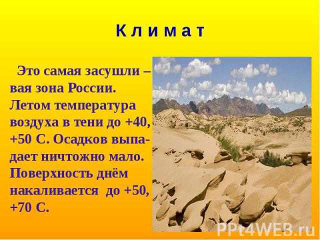 К л и м а Это самая засушли –вая зона России. Летом температура воздуха в тени до +40, +50 C. Осадков выпа-дает ничтожно мало. Поверхность днём накаливается до +50, +70 С.