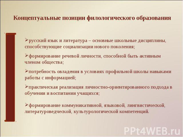 Концептуальные позиции филологического образования русский язык и литература – основные школьные дисциплины, способствующие социализации нового поколения; формирование речевой личности, способной быть активным членом общества; потребность овладения …