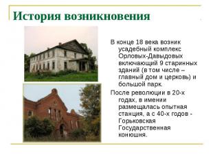 История возникновения В конце 18 века возник усадебный комплекс Орловых-Давыдовы