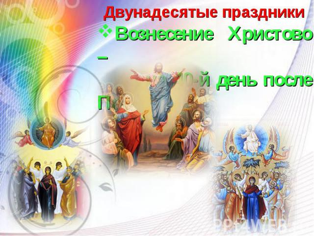 Двунадесятые праздники Вознесение Христово – на 40-й день после Пасхи