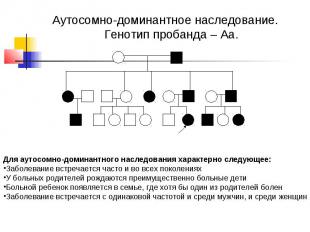 Аутосомно-доминантное наследование. Генотип пробанда – Аа. Для аутосомно-доминан