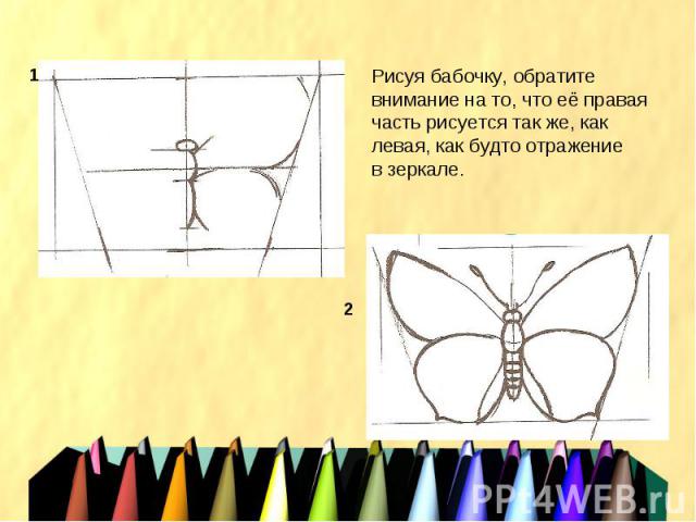 Рисуя бабочку, обратите внимание на то, что её правая часть рисуется так же, как левая, как будто отражение в зеркале.