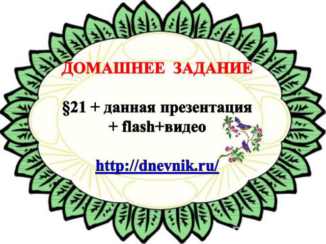 ДОМАШНЕЕ ЗАДАНИЕ §21 + данная презентация + flash+видео http://dnevnik.ru/