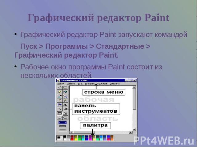 Графический редактор Paint Графический редактор Paint запускают командой Пуск > Программы > Стандартные > Графический редактор Paint. Рабочее окно программы Paint состоит из нескольких областей.