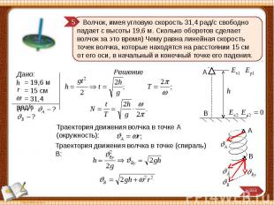 Волчок, имея угловую скорость 31,4 рад/с свободно падает с высоты 19,6 м. Скольк