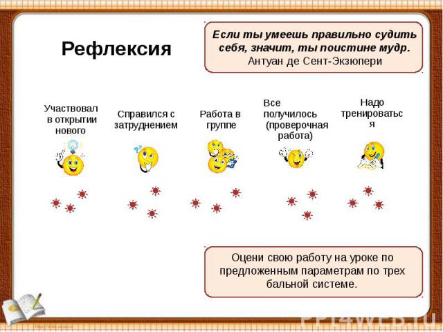 Оцени свою работу на уроке по предложенным параметрам по трех бальной системе.