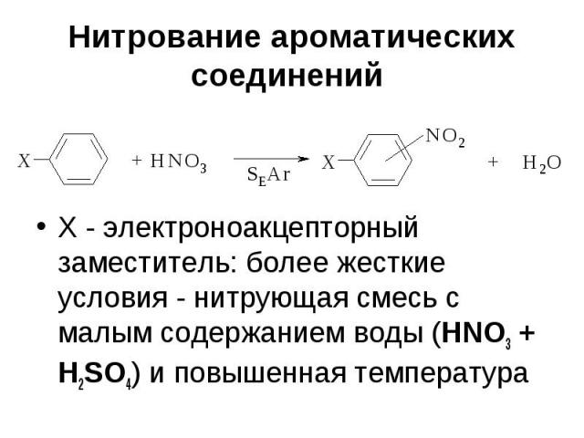Нитрование ароматических соединений Х - электроноакцепторный заместитель: более жесткие условия - нитрующая смесь с малым содержанием воды (HNO3 + H2SO4) и повышенная температура