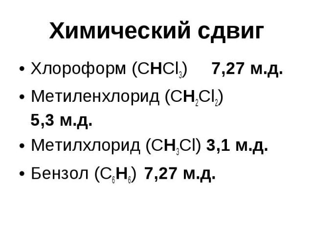 Химический сдвиг Хлороформ (СНCl3) 7,27 м.д. Метиленхлорид (CH2Cl2) 5,3 м.д. Метилхлорид (CH3Cl) 3,1 м.д. Бензол (C6H6) 7,27 м.д.