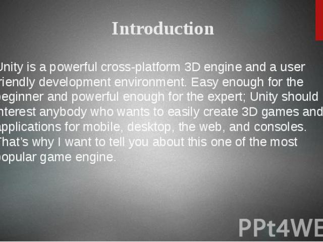 Unity is a powerful cross-platform 3D engine and a user friendly development environment. Easy enough for the beginner and powerful enough for the expert; Unity should interest anybody who wants to easily create 3D games and applications for mobile,…
