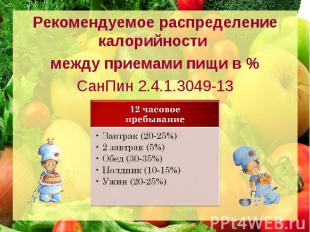 Рекомендуемое распределение калорийности между приемами пищи в % СанПин 2.4.1.30