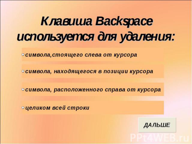 Клавиша Backspace используется для удаления: