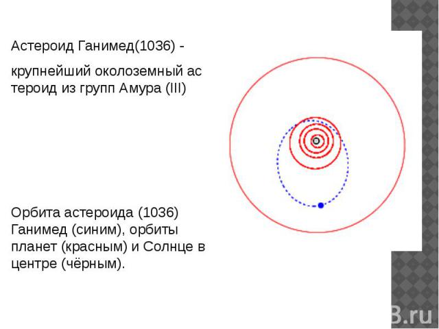 Астероид Ганимед(1036) - крупнейший околоземный астероид из групп Амура (III) Орбита астероида (1036) Ганимед (синим), орбиты планет (красным) и Солнце в центре (чёрным).