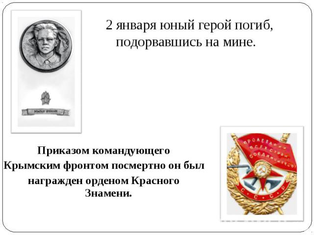 2 января юный герой погиб, подорвавшись на мине. Приказом командующего Крымским фронтом посмертно он был награжден орденом Красного Знамени.
