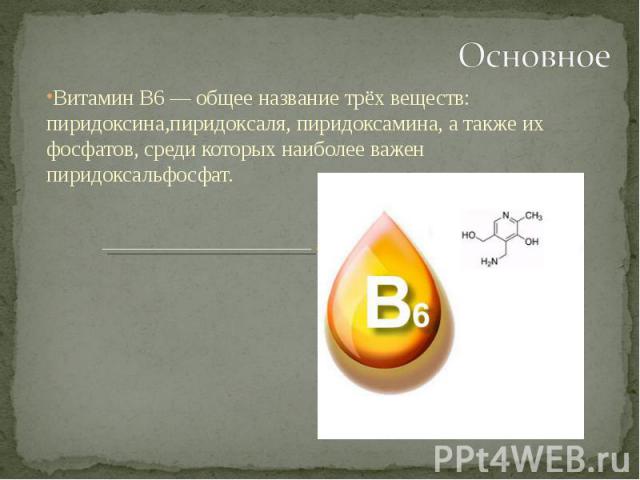 Витамин B6 — общее название трёх веществ: пиридоксина,пиридоксаля, пиридоксамина, а также их фосфатов, среди которых наиболее важен пиридоксальфосфат.