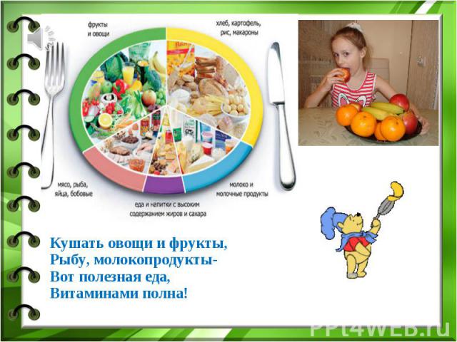 Кушать овощи и фрукты, Рыбу, молокопродукты- Вот полезная еда, Витаминами полна! Кушать овощи и фрукты, Рыбу, молокопродукты- Вот полезная еда, Витаминами полна!