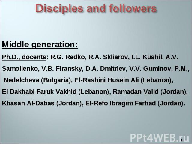 Middle generation: Ph.D., docents: R.G. Redko, R.A. Skliarov, I.L. Kushil, A.V. Samoilenko, V.B. Firansky, D.A. Dmitriev, V.V. Guminov, P.M., Nedelcheva (Bulgaria), El-Rashini Husein Ali (Lebanon), El Dakhabi Faruk Vakhid (Lebanon), Ramadan Valid (J…