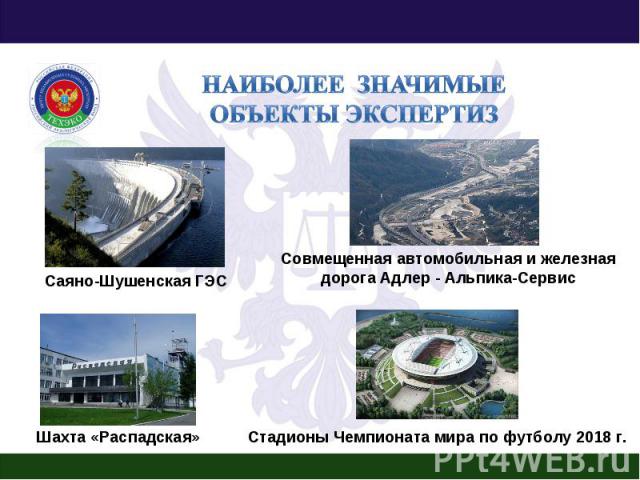 Наиболее значимые объекты экспертиз Саяно-Шушенская ГЭС Совмещенная автомобильная и железная дорога Адлер - Альпика-Сервис Стадионы Чемпионата мира по футболу 2018 г.