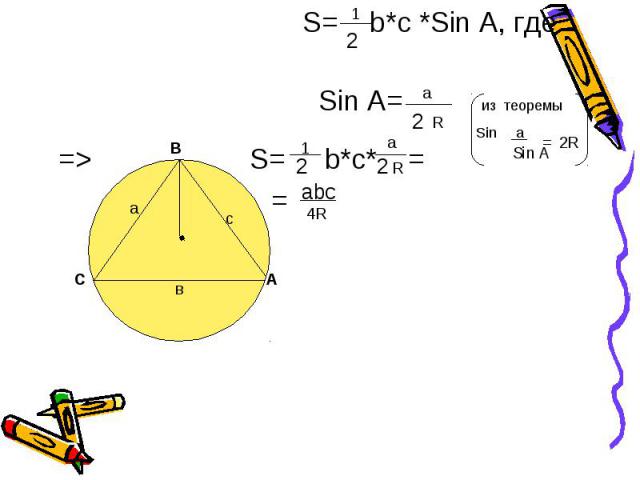 S= b*с *Sin А, где Sin A= из теоремы Sin a => S= b*с* = =
